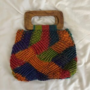 Multicoloured crochet bag with wooden handle